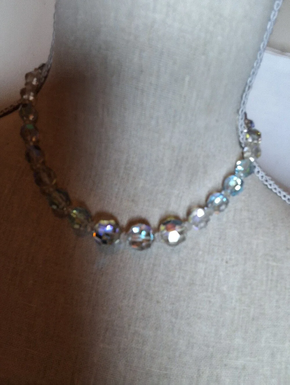Vintage Iridescent Aurora Borealis Crystal Bead Necklace Retro Glam Choker